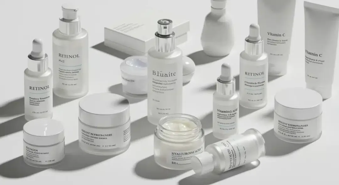 Assortment of anti-aging skincare products with key ingredients for youthful skin