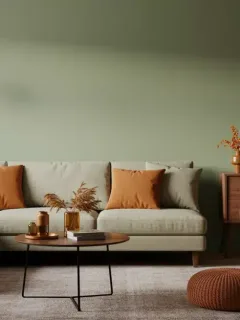 Modern living room with 2026's hottest home colors: earthy green, terracotta, and muted gold accents.