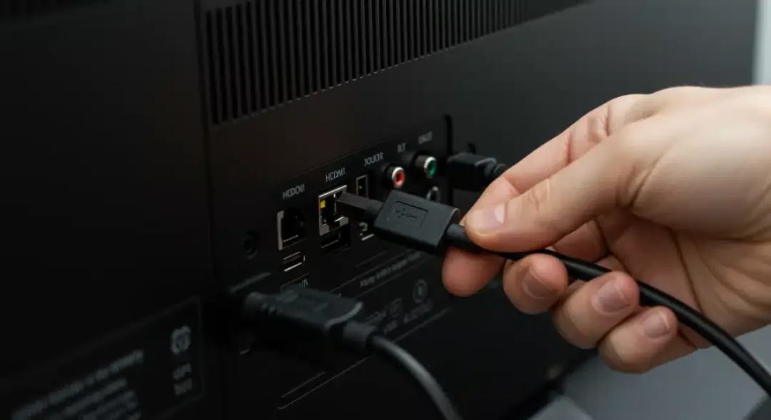Hand connecting an HDMI cable to the back panel of a 2026 Smart TV.
