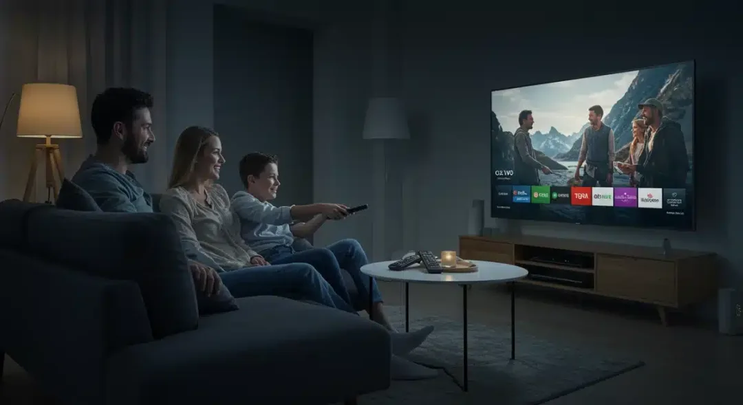 Family enjoying a movie on their 2026 Smart TV in a cozy living room.