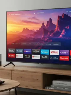 Modern living room with 2026 Smart TV on a console, displaying a streaming service interface.