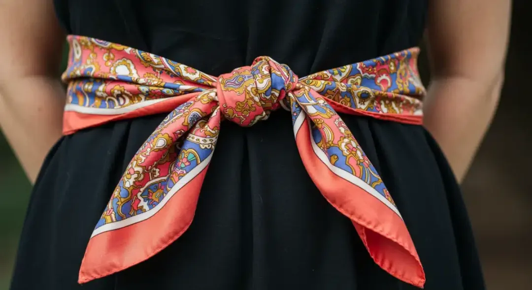 Vibrant knotted scarf styled as a belt over a plain dress