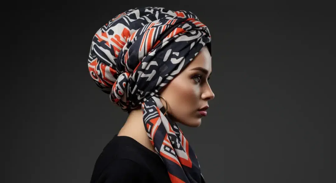 Stylish person wearing a large, geometric print scarf as a chic turban