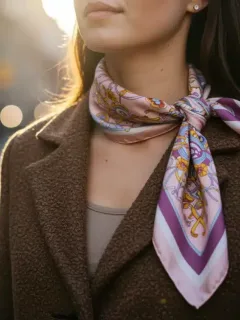 Woman in city street with elegantly draped patterned silk scarf