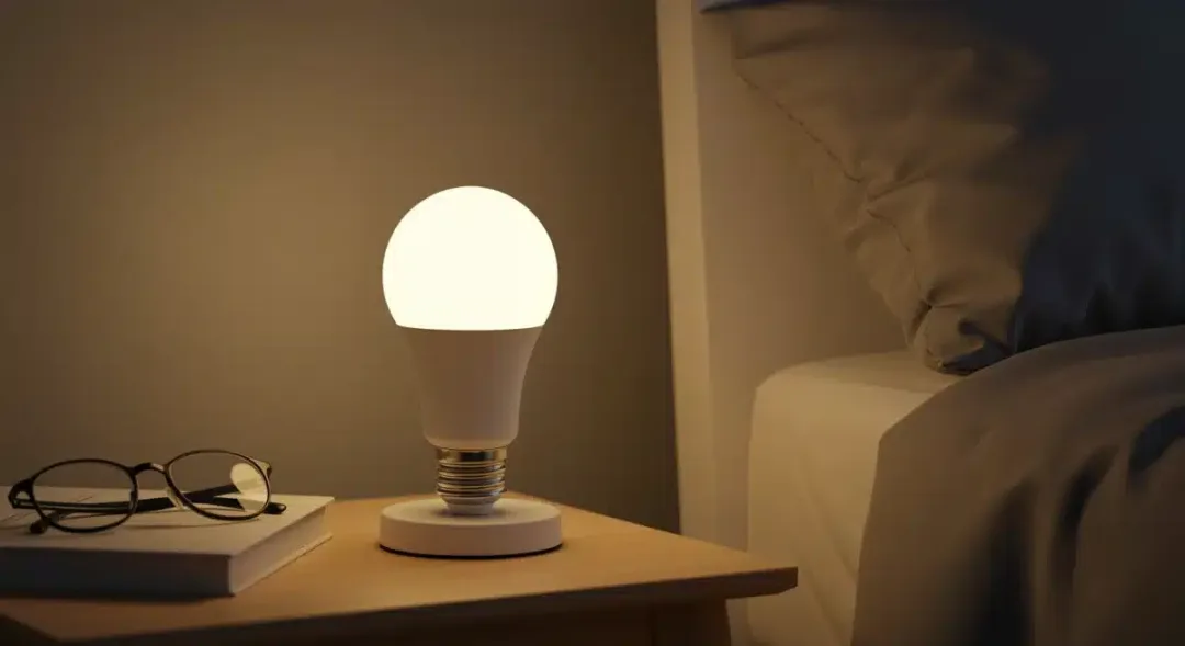 Smart LED bulb in bedside lamp, warm light, energy efficiency