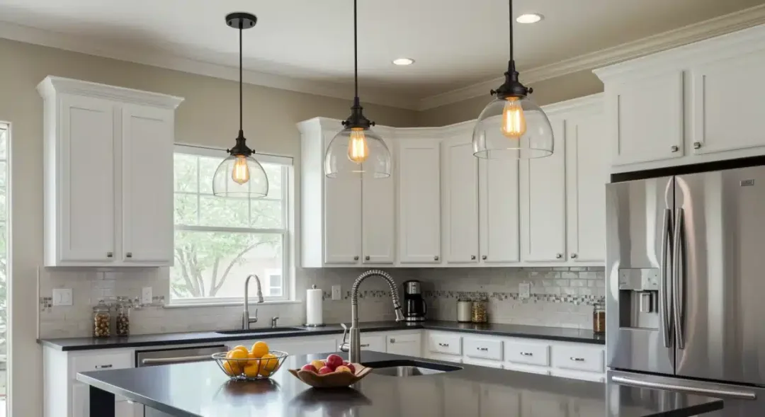 Modern kitchen island with elegant pendant task lighting, bright and functional