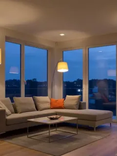 Modern living room with diverse lighting, warm ambiance, and energy-efficient fixtures