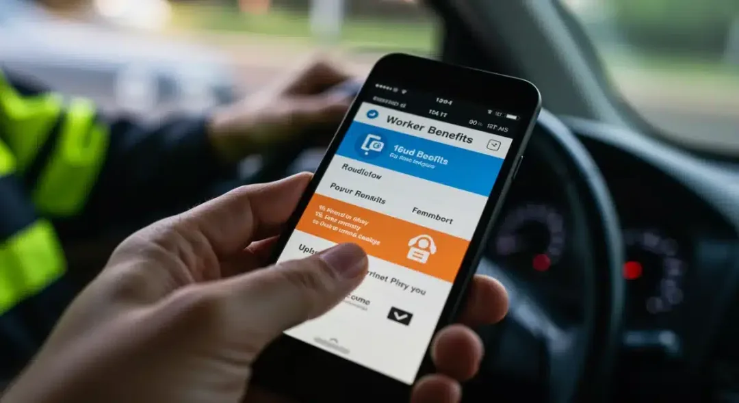 Smartphone showing rideshare app with worker benefits section for gig drivers
