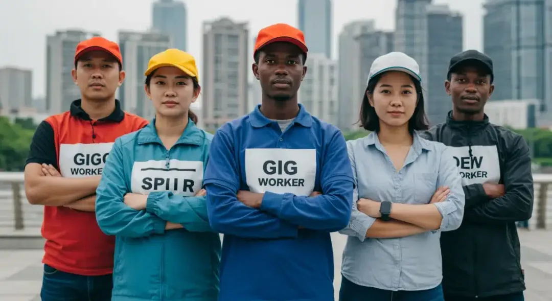 Diverse gig workers standing together, symbolizing new labor law protections