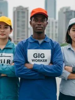 Diverse gig workers standing together, symbolizing new labor law protections