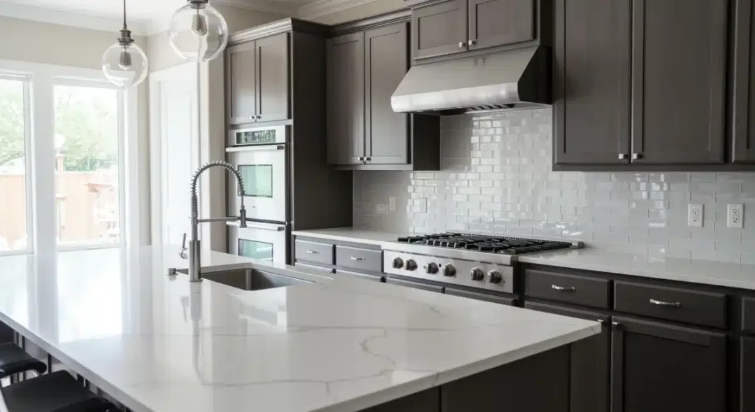 Renovated kitchen with new countertops and stainless steel appliances