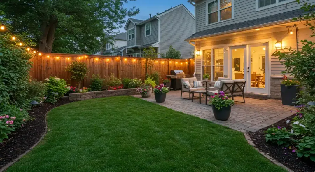Landscaped backyard with patio and vibrant plants for curb appeal