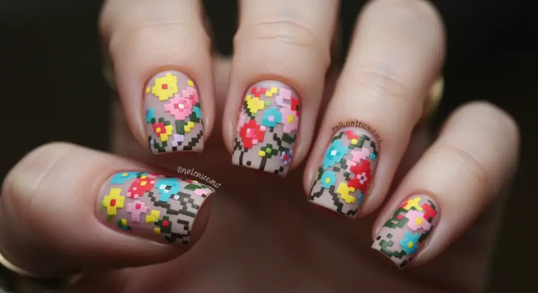 Digital flora nail art design with pixelated flowers on a matte base, a key trend for 2026.