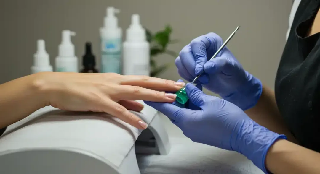 Manicurist applying bio-gel, highlighting sustainable and plant-based nail care techniques.