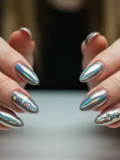 Futuristic metallic and holographic nail art designs for 2026, showcasing intricate details and modern aesthetics.