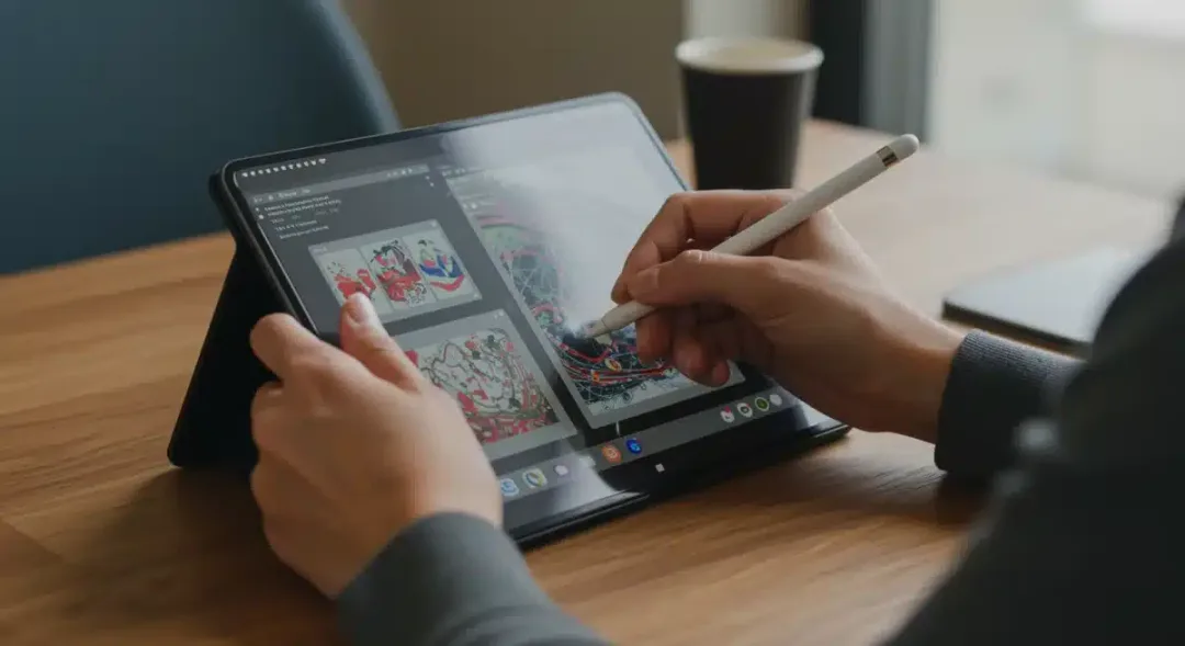 User creatively working on an expanded foldable tablet with a stylus, showcasing multitasking.