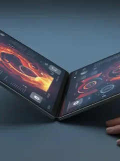 Futuristic foldable tablet half-folded, showcasing its innovative design and vibrant display.