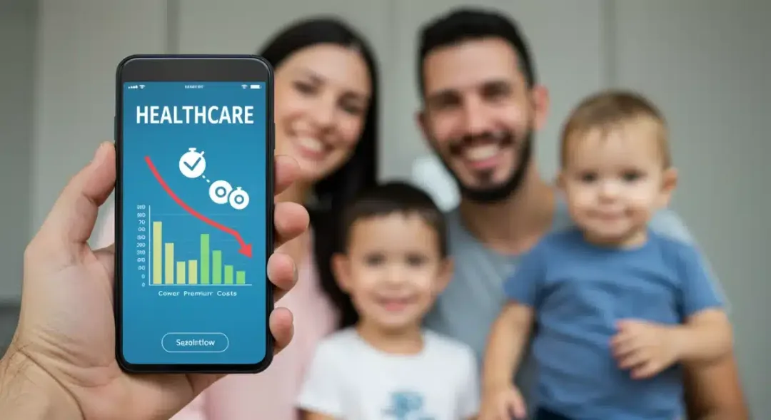 Smartphone showing lower healthcare premiums with family in background