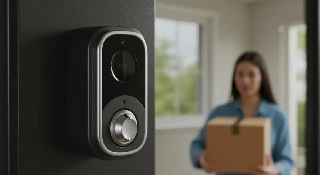 Close-up of a smart doorbell camera with clear image
