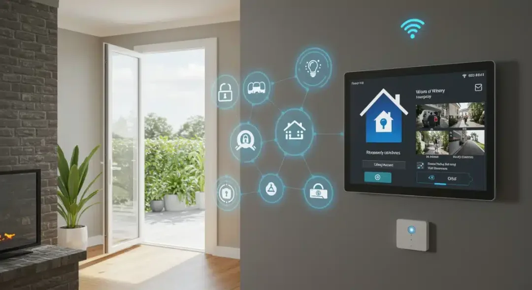 Smart home hub displaying security alerts and camera feeds