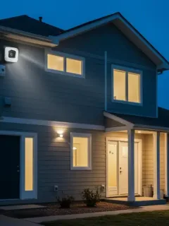Modern home with integrated smart security systems at dusk