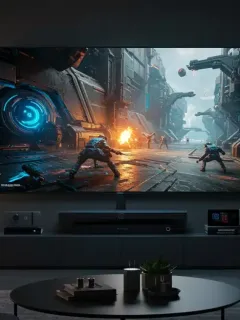 8K TV gaming setup in modern living room
