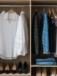 Organized modern closet with essential women's wardrobe pieces including blazers, dresses, and denim