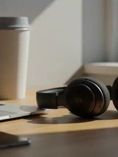 Premium noise canceling headphones on modern desk in stylish home office