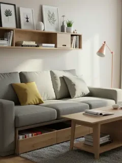 Modern small living room with smart storage solutions and space-saving furniture