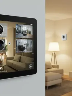 Modern DIY smart home security system with touchscreen panel and cameras in a contemporary home