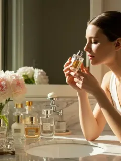 Woman discovering her signature scent with perfume bottles in elegant bathroom setting