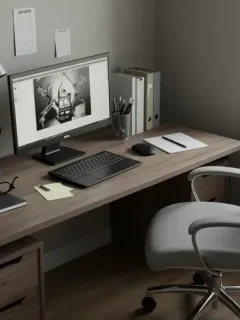 Modern home office setup with ergonomic chair and desk accessories