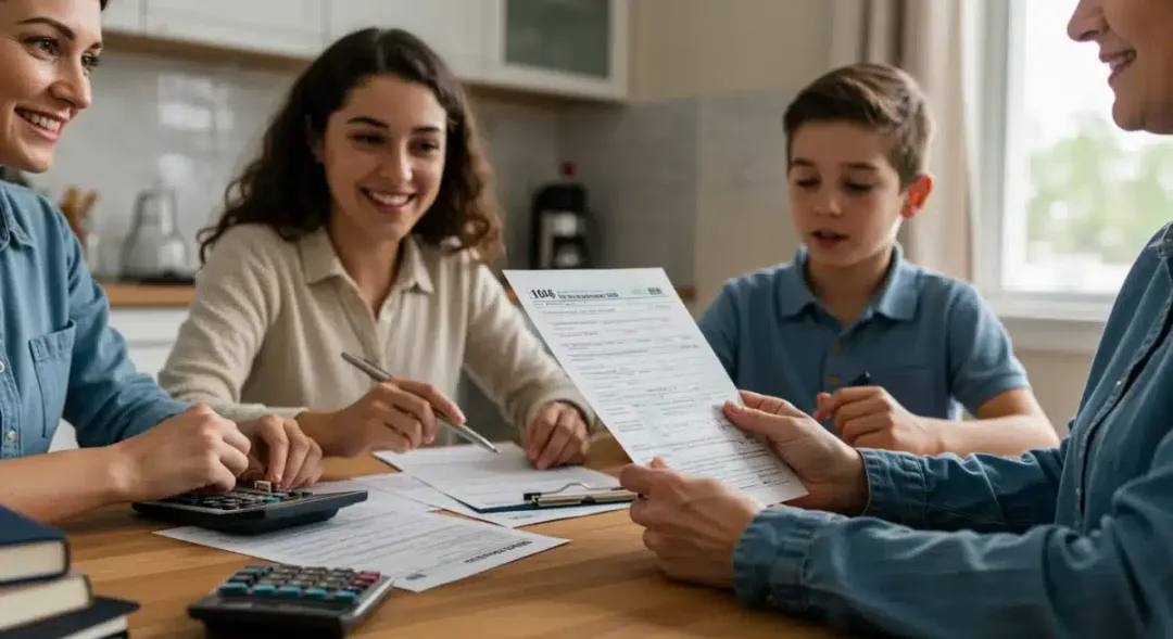 Family preparing taxes with dependent care credit documents at kitchen table