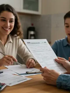 Family preparing taxes with dependent care credit documents at kitchen table