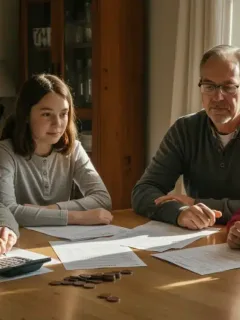 Family planning finances with Child Tax Credit documents at kitchen table