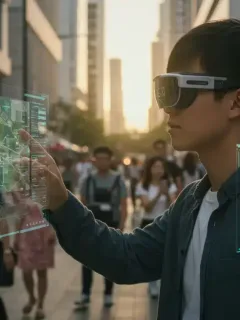 Person wearing modern AR glasses with holographic interface in urban environment