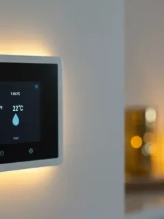 Smart home thermostat on wall with warm lighting