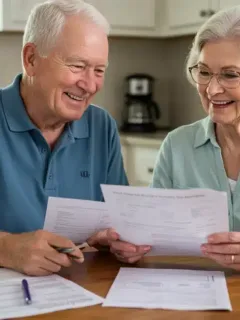 Senior couple reviewing Social Security benefits documentation at home