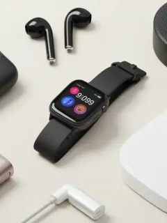 Tech graduation gifts flatlay with wireless earbuds smartwatch and portable charger